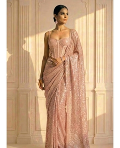 Sari de Diseño Tejido con Adornos en Crema para Mujer KV con Blusa sin Coser - Product Image 2
