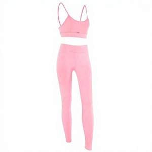 Pink Yoga Bra and <b>Legging</b> Set High Waist Seamless Full Length Solid Color Breathable Quick Dry <b>Women</b> Fitness Activewear Pants - Product Image 1