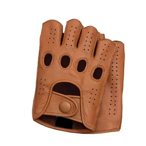 Gants de conduite élégants unisexes en cuir marron à demi-doigts, respirants, compatibles, antidérapants pour les activités de plein air - Product Image 2
