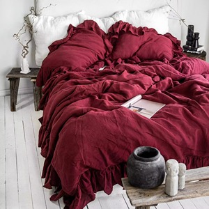 Ensemble de housse de couette en lin rouge à volants sur mesure, pour usage domestique, service OEM/ODM, ensembles de housses de couette - Product Image 6