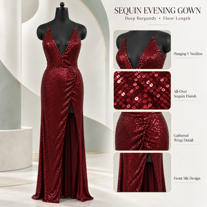 Robe de soirée glamour en sequins bordeaux profond, col en V plongeant |   Robe de soirée moulante sans manches, froncée, à encolure croisée, fendue, longueur ras du sol - Product Image 5