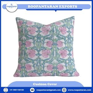 Floral Pattern Square Cotton Throw Pillow Cover With Pink <b>Flowers</b> And Green Leaves Washable Envelope Closure Decorative <b>Cushion</b> - Product Image 2