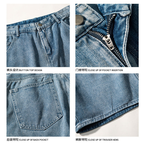 Wholesale Men's Unisex High Button Front Straight Fit Denim 100% Cotton Dark Quick Dry Soft Bermuda <b>Shorts</b> Summer Vintage Street - Product Image 4