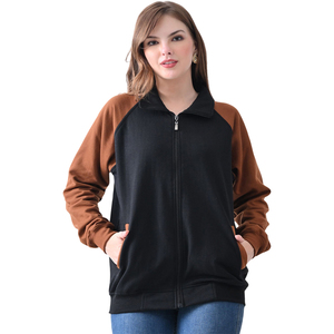 Veste universitaire pour femme noire avec manches marron, fermeture éclair intégrale, col montant, en polyester tricoté, pour l'automne, style décontracté - Product Image 2