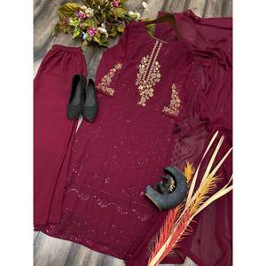 ผ้าจอร์เจียเจ็ตปักลำดับแนวแฟชั่นพื้นล่างสุดด้วยสีน้ำตาลแดง Dupatta - Product Image 2