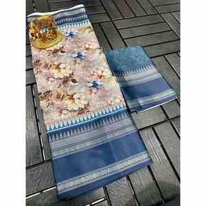 ATTRACTIVE RAJESHWARI SOIE MULTI IMPRIMÉ AVEC JACQUARD ZARI BORDER SAREE AVEC CHEMISIER INCOSÉ BLEU - Product Image 1