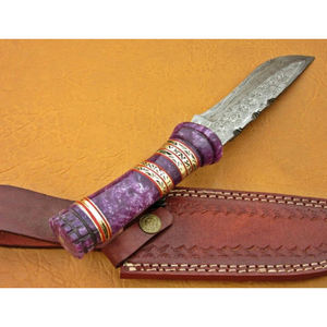 Cuchillo de caza hecho a mano de acero de Damasco con mango de hueso morado y hoja fija, con funda de cuero. - Product Image 2