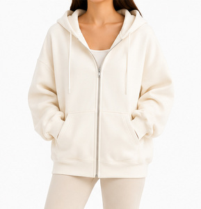 Sweat-shirt en molleton à capuche surdimensionné pour femme, fermeture éclair, marron uni, manches longues, longueur normale, coton respirant, vêtements d'automne - Product Image 4