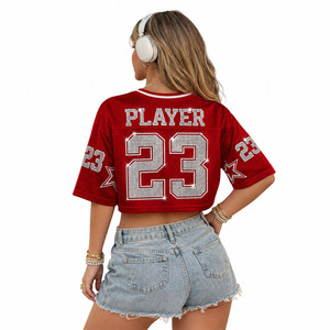 Wholesale <b>Red</b> Boxy Rhinestone Crop <b>Top</b> Women American Football Jersey Breathable Mesh V Neck <b>Sparkly</b> Sports Tee Custom Branding - Product Image 2