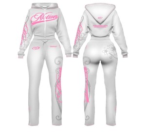 Survêtement à capuche personnalisé pour femme, style streetwear vintage, coupe ajustée, manches longues, fermeture éclair frontale, motif éclair, pantalon évasé, décontracté, OEM - Product Image 1