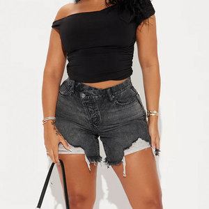 <b>Jean</b> Shorts for <b>Women</b> Trendy High Waisted Seamed Front Stretchy Denim Shorts with Cut Off Frayed Hem Casual Summer Style - Product Image 6