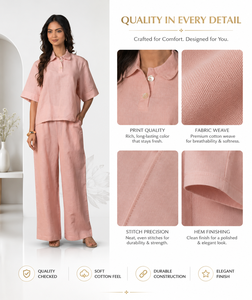 Elegante Conjunto Coordinado Rosa Pastel, Ropa de Salón de Algodón de Corte Cómodo, Top y Pantalones Paralelos a Juego para Uso Diario - Product Image 3