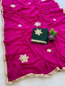 Sari Georgette brodé de fleurs Gota pour femmes, tenue de mariage traditionnelle indienne et pakistanaise, robe longue à séchage rapide - Product Image 5