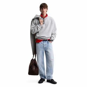 Sudadera de Cuello Redondo Gris para Hombre, Corte Holgado, Color Sólido, Tejida, 100% Algodón, Ropa Casual de Otoño - Product Image 1