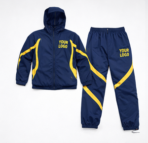 Custom Logo Navy Yellow Stripe Windbreaker Tracksuit <b>Set</b> Water Resistant Paneled Two Piece Men Windbreaker Tracksuit <b>Set</b> - Product Image 1