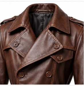 <b>Men's</b> Brown Leather Long <b>Trench</b> <b>Coat</b> Double Breasted Overcoat with Belt Buttno - Product Image 5