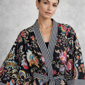 เสื้อคลุมกิโมโนผ้าฝ้ายลายดอกไม้สำหรับผู้หญิง เสื้อคลุมอาบน้ำแขนยาวนุ่มสบาย ความยาวระดับเข่า |   ชุดลำลองฤดูร้อนและฤดูใบไม้ผลิสไตล์อินเดีย-ปากีสถาน - Product Image 4