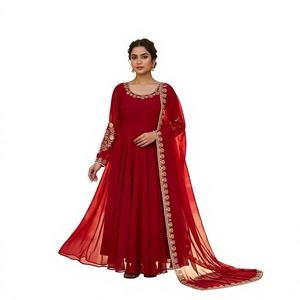 ชุดเดรสยาวผ้าจอร์เจตต์สำหรับผู้หญิง ดีไซน์หรูหรา ประดับด้วยงานปักเลื่อมหนัก พร้อมผ้าคลุมไหล่ยาวถึงพื้น ไม่ยับง่าย สามารถใส่ได้สองด้าน - Product Image 1