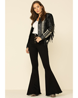 Veste en cuir noir style natif pour femme, avec franges de perles et clous argentés, surpiqûres, manteau western de cowgirl, vêtement d'extérieur fait main, USA