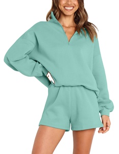 Ensemble 2 pièces pour femme en coton écologique, maille et dentelle, coupe oversize, couleur unie, respirant, pour yoga, avec short et sweat-shirt à taille élastique, séchage rapide - Product Image 2