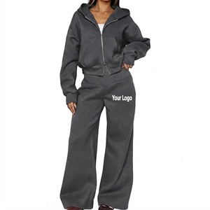 Women Hooded <b>Zip</b>-Up Sweatshirt <b>Jogger</b> Set Loose Fit Full Sleeve Solid Color Casual Tracksuit Side <b>Pockets</b> Custom Printed Logo - Product Image 1