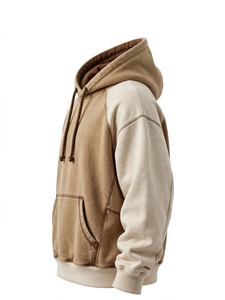 Sweat-shirt à capuche pour homme, coupe classique, avec poches, en polyester/coton 200g, teint uni, manches raglan, beige, effet délavé vintage, en molleton - Product Image 3