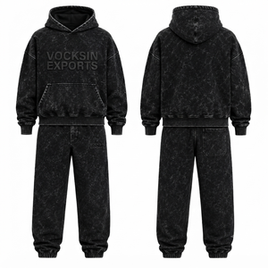 Ensemble de survêtement streetwear pour homme en molleton épais noir délavé à l'acide, coupe oversize, avec sweat à capuche et pantalon de jogging, OEM ODM, vente en gros - Product Image 3