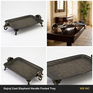 Handmade 48 cm Dark Antique Brass Serving Tray with Artistic Sculptural Handles & Gajraj Cast <b>Elephant</b> Home <b>Decor</b> H - Product Image 6