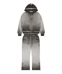 Survêtement pour homme en molleton uni d'hiver, style streetwear, avec logo personnalisé, effet délavé à l'acide, coupe évasée, broderie et appliqué usés - Product Image 1