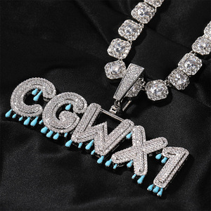 Colgante con nombre Drip, esmalte azul, estilo Hip Hop, con incrustaciones de diamantes, cadenas cubanas llamativas, plata 925, diamante cultivado en laboratorio, conjuntos de joyería unisex - Product Image 3