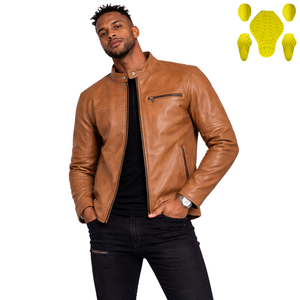 Chaqueta de motociclista para hombre, color canela, con cremallera, cuello alto, corte ajustado, ropa exterior para moto. - Product Image 1