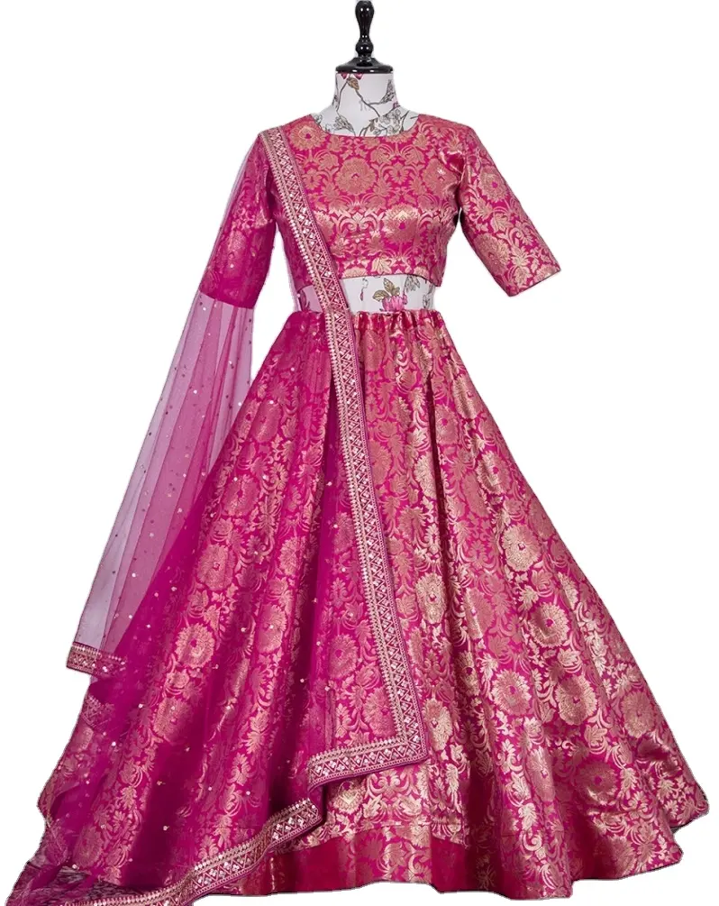 Vêtements ethniques indiens Jacquard couleur rose Lehenga Choli avec dupata avec tissage lourd Zari travail longha