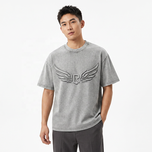 T-shirt Homme Oversize avec Logo R Ailes Gaufrées Manches Courtes Col Rond Décontracté Jersey 100% Coton Gris - Product Image 2