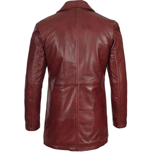 Manteau long en cuir véritable pour homme, col à revers cranté, simple boutonnage, coupe droite, rouge - Product Image 4