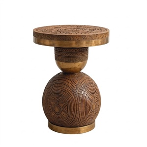 Eclectic <b>Round</b> Wooden <b>Side</b> <b>Table</b> with Carved Patterns on TOP And Bottom with Metal Brass Accents For Living Room Furniture - Product Image 1