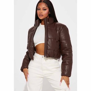 <b>Women</b> Trendy Faux Leather Cropped Puffer Jacket Warm Quilted Short Winter <b>Coat</b> Stylish <b>Lightweight</b> Outerwear for Casual Wear - Product Image 5