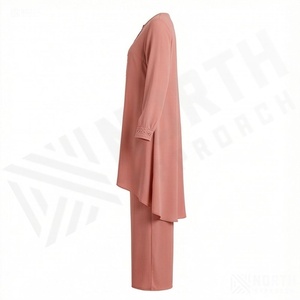 Elegante Conjunto de Camisa Larga con Cuello de Encaje y Pantalón de Pierna Ancha para Mujer Árabe, Modesto, Musulmán, Casual, Transpirable, de Poliéster, Color Personalizado - Product Image 3