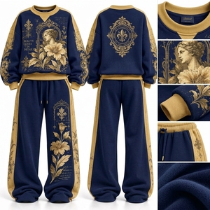 Conjunto Deportivo de Sudadera y Pantalones Anchos con Estampado Floral Dorado y Azul Marino para Mujer, Ropa Casual Elegante de Dos Piezas - Product Image 2