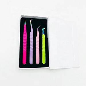 Pinzas de extensión de pestañas de acero inoxidable con 4 colores diferentes de recubrimiento en polvo y punta multicolor de plasma, puntas regulares. - Product Image 5