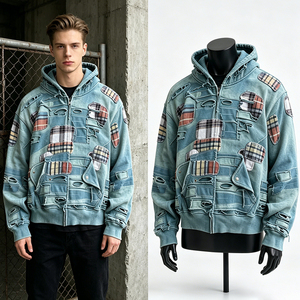 Veste en jean à capuche surdimensionnée pour homme, design patchwork à carreaux, streetwear, coupe classique, respirante, style automne - Product Image 3