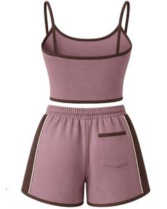 Dusty Rose Brown Women Camisole And Shorts <b>Set</b> Summer Two Piece Outfit Cotton Blend Crop Top Drawstring Shorts Casual Lounge <b>Set</b> - Product Image 2