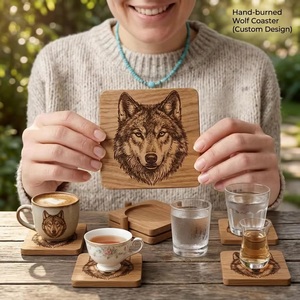 Posavasos Cuadrado de Madera Quemada a Mano con Diseño Personalizado de Lobo, Tapetes y Almohadillas Hechos a Mano - Product Image 2