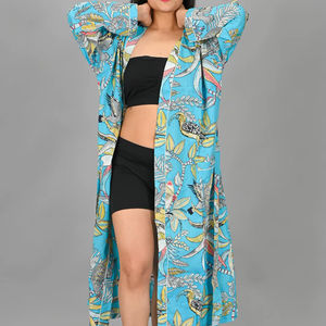 Kimono de Playa Elegante 100% Algodón, Color Azul Indio, Cuello en V, Cierre con Cordón, Diseño Floral, Secado Rápido y Suave, para Todas las Temporadas - Product Image 3