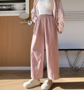 Solid Breathable Elastic Waist Autumn Straight Casual 100% Cotton Beach Trousers Pants Women with Pockets - Product Image 1