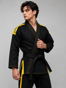 Ensemble de kimonos de judo tendance, couleur unie, bordure jaune, coupe régulière, uniforme d'arts martiaux pour adultes, respirant, léger, 100% coton - Product Image 3