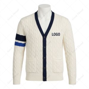 Cardigan en tricot torsadé personnalisé pour arbitre, col en V, style vintage crème, universitaire, pour équipes sportives, avec rayures sur les manches - Product Image 1