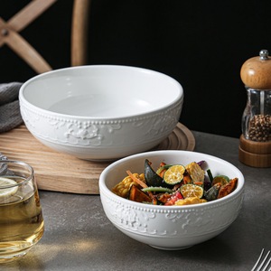 White ceramic Dinnerware <b>Sets</b> with Embossed blooming flower Pattern and wavy edges smooth Underglaze texture restaurants homes - Product Image 2