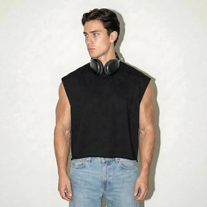 Men's Eco-Friendly Anti-Pilling <b>Cropped</b> Tank <b>Top</b> 320GSM Heavyweight 100% Cotton French Terry Boxy Oversized Fit Raw Hem - Product Image 1