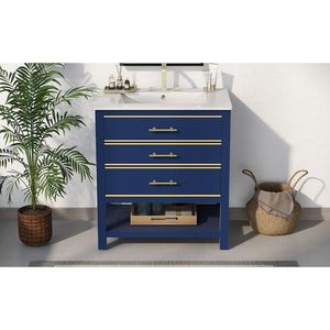 Mobile Bagno Moderno da 30 Pollici Blu Navy/Bianco con Vano Aperto e Due Cassetti - Product Image 4