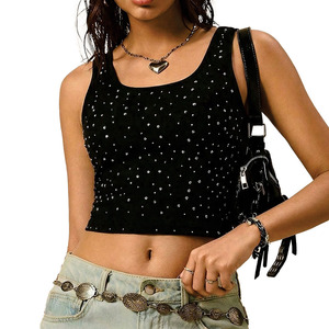 Custom Rhinestone Embellished Black Crop <b>Top</b> Women Soft Cotton Ribbed Tank <b>Top</b> Skinny Fit Breathable Bulk Wholesale Best Quality - Product Image 6